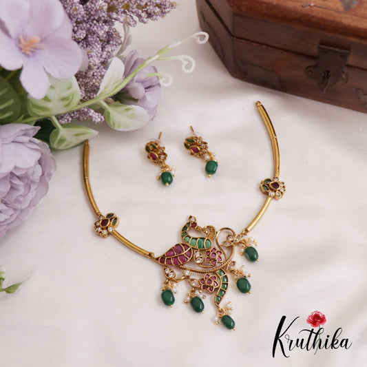 Elegant Peacock Jadau Choker With Bead Drops NC2551 (Available In 2 Colors)