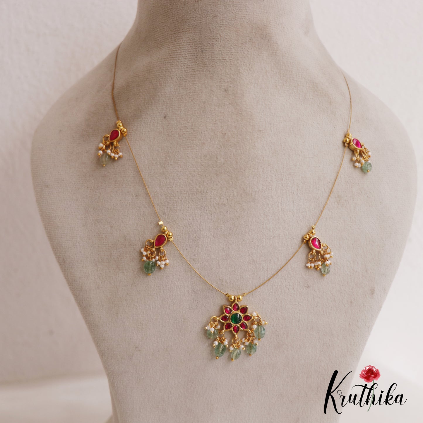 Elegant Jadau Invisible Chain Floral Pendant With Green Bead Drops NC2716