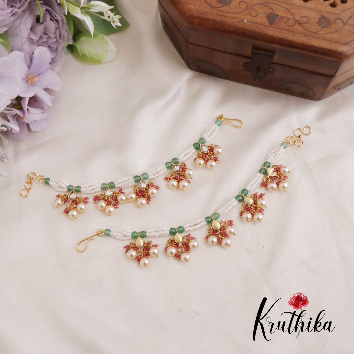 Beautiful Pearl Strand Earchains With Pearl And Bead Drops EC192