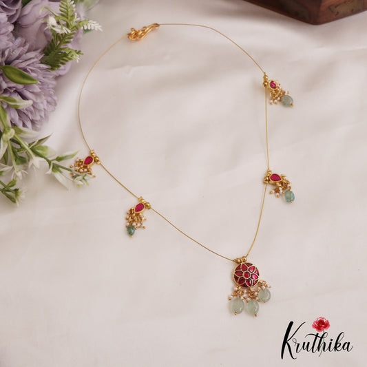 Elegant Floral Motifs Jadau Invisible Chain With Bead Drops NC2721 (Available In 2 Colors)