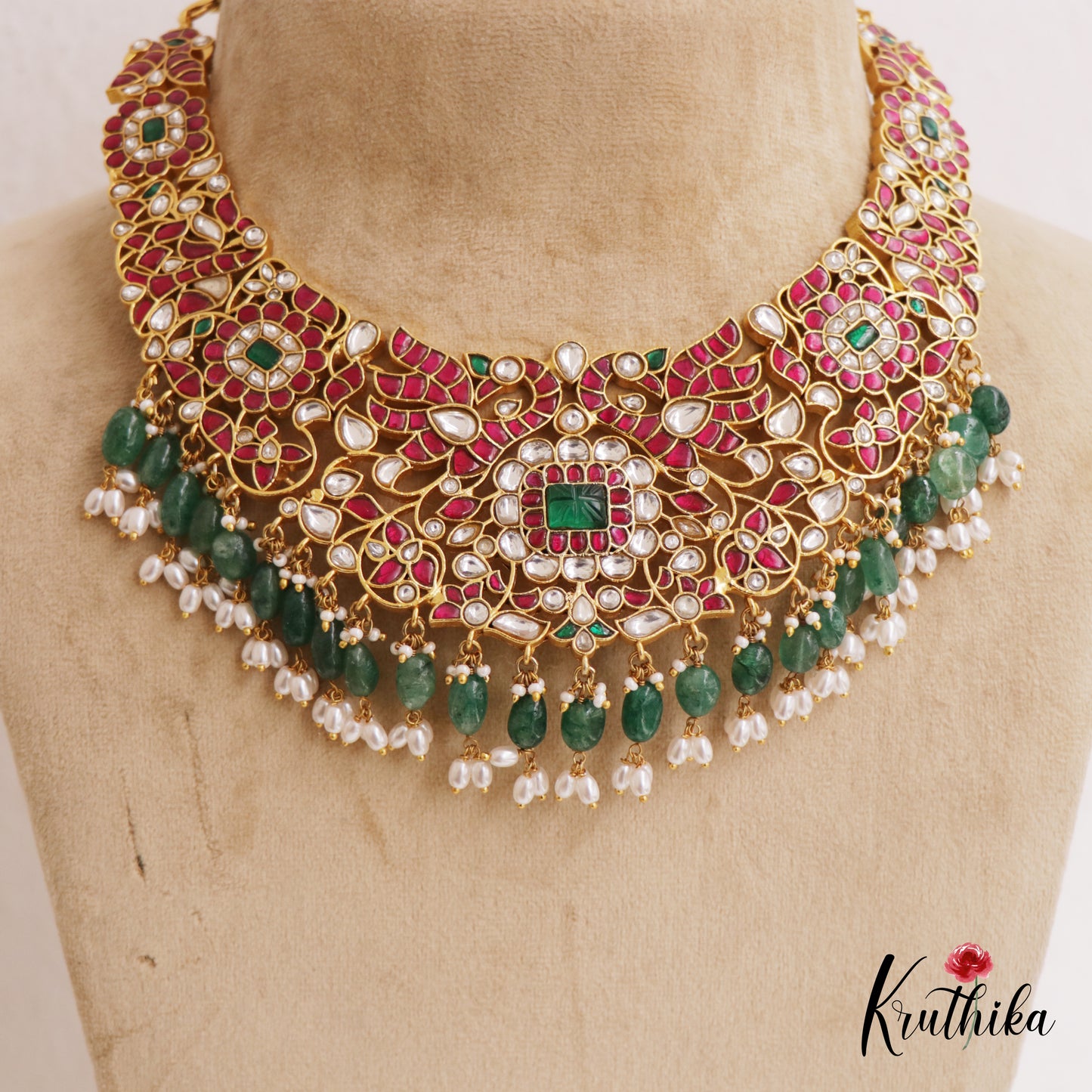 Gorgeous Floral Peacock Jadau Guttapoosalu Choker With Green Bead Drops NC2739