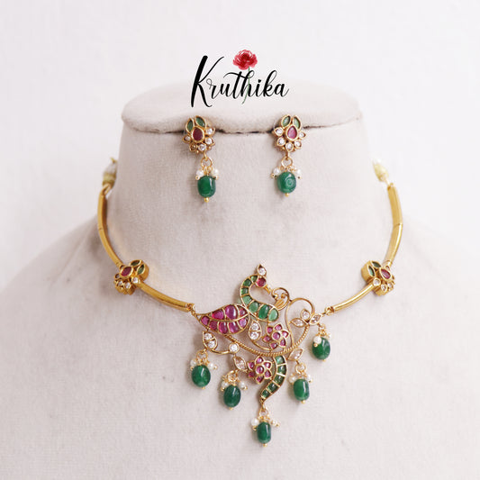 Elegant Peacock Jadau Choker With Bead Drops NC2551 (Available In 2 Colors)