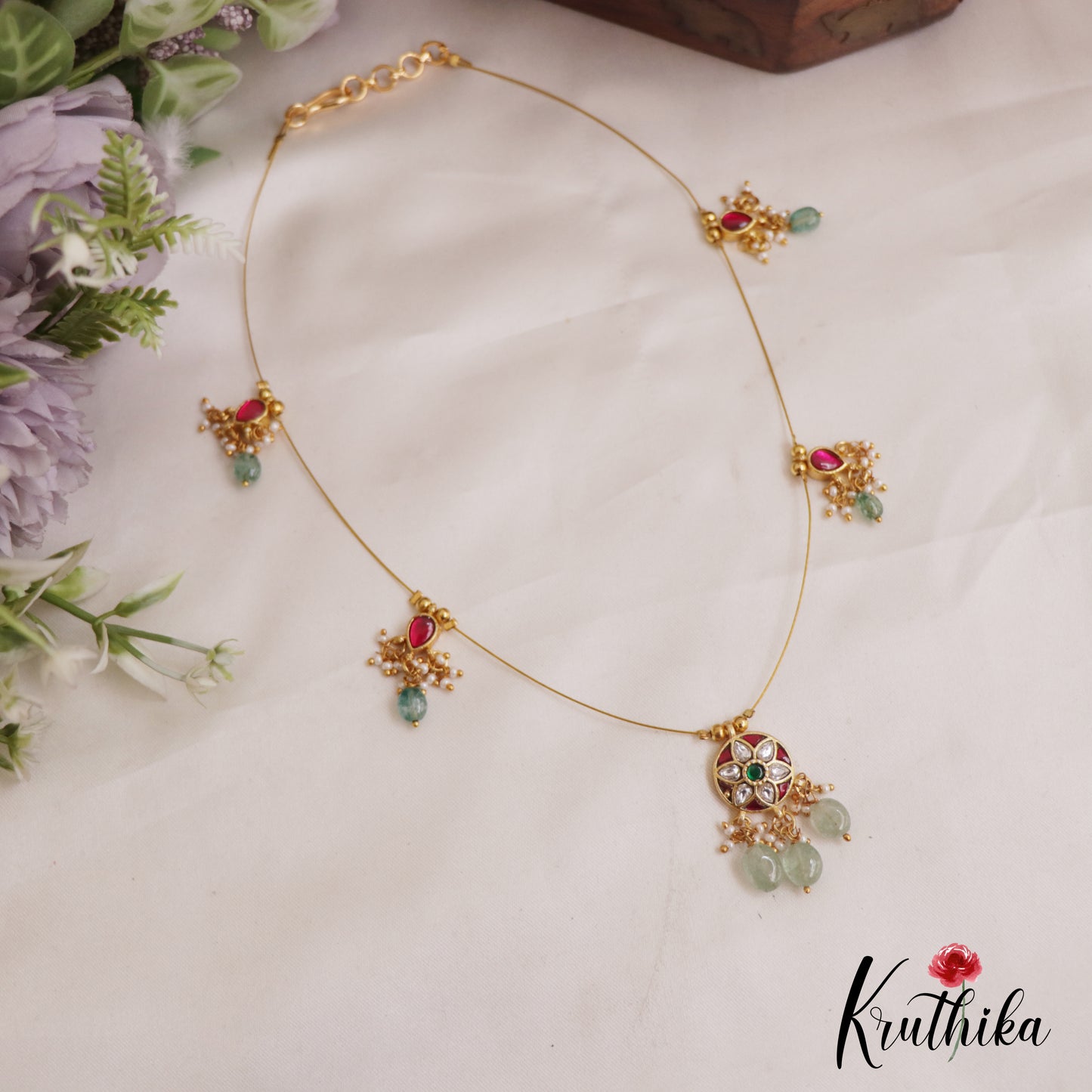 Elegant Floral Motifs Jadau Invisible Chain With Bead Drops NC2721 (Available In 2 Colors)