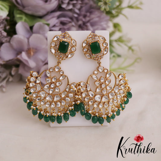 Sparkling Floral Chandbali Earrings With Green Bead Drops E1060