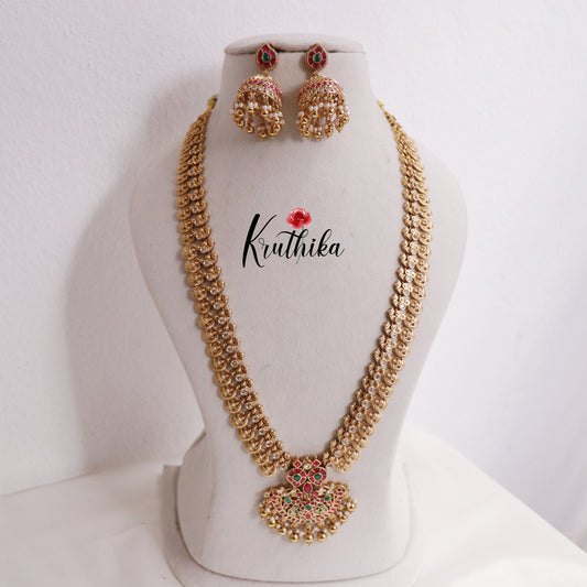 Elegant Jadau Peacock Kasu Haaram with Beads Drops LH1674 (Available in 2 Colours)