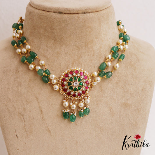 Stunning Floral Motifs Triple Strand Pearl Bead Chain Necklace NC2744