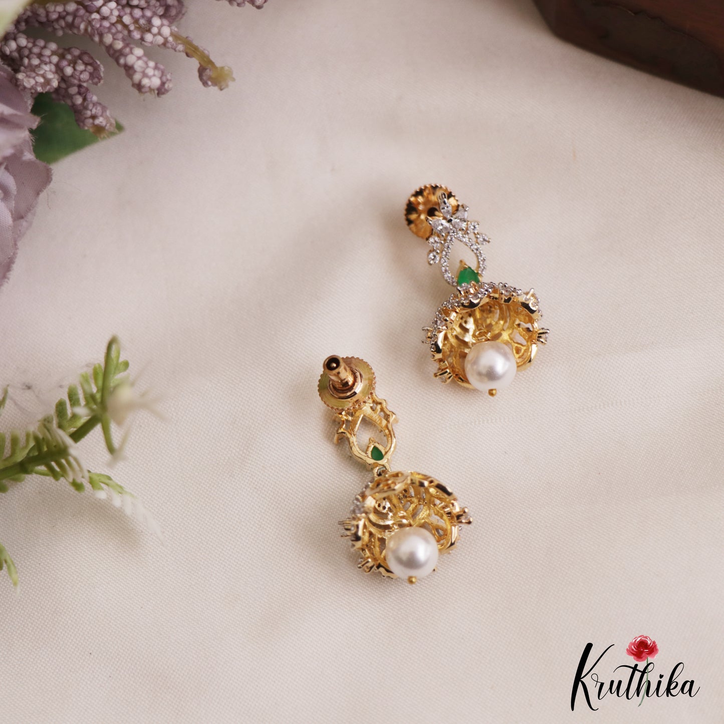 Pretty Floral Motifs CZ Jhumkas With Pearl Drop E1124 (Available In 2 Colors)