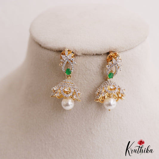 Pretty Floral Motifs CZ Jhumkas With Pearl Drop E1124 (Available In 2 Colors)