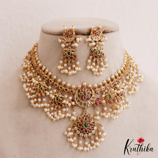 Elegant Floral Motifs Guttapoosalu Necklace With Pearl Drops NC2787