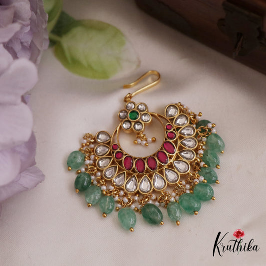 Beautiful Floral Teardrop Motifs Kemp Maang Tikka With Green Bead Drops MT352