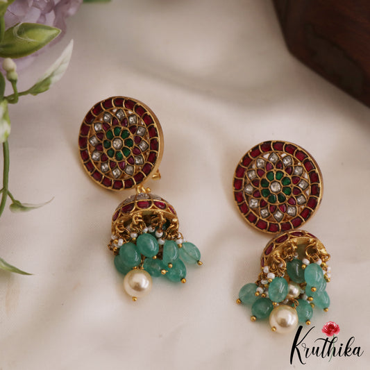 Stunning Kemp Floral Jhumka Earrings With Green Bead Drops E874