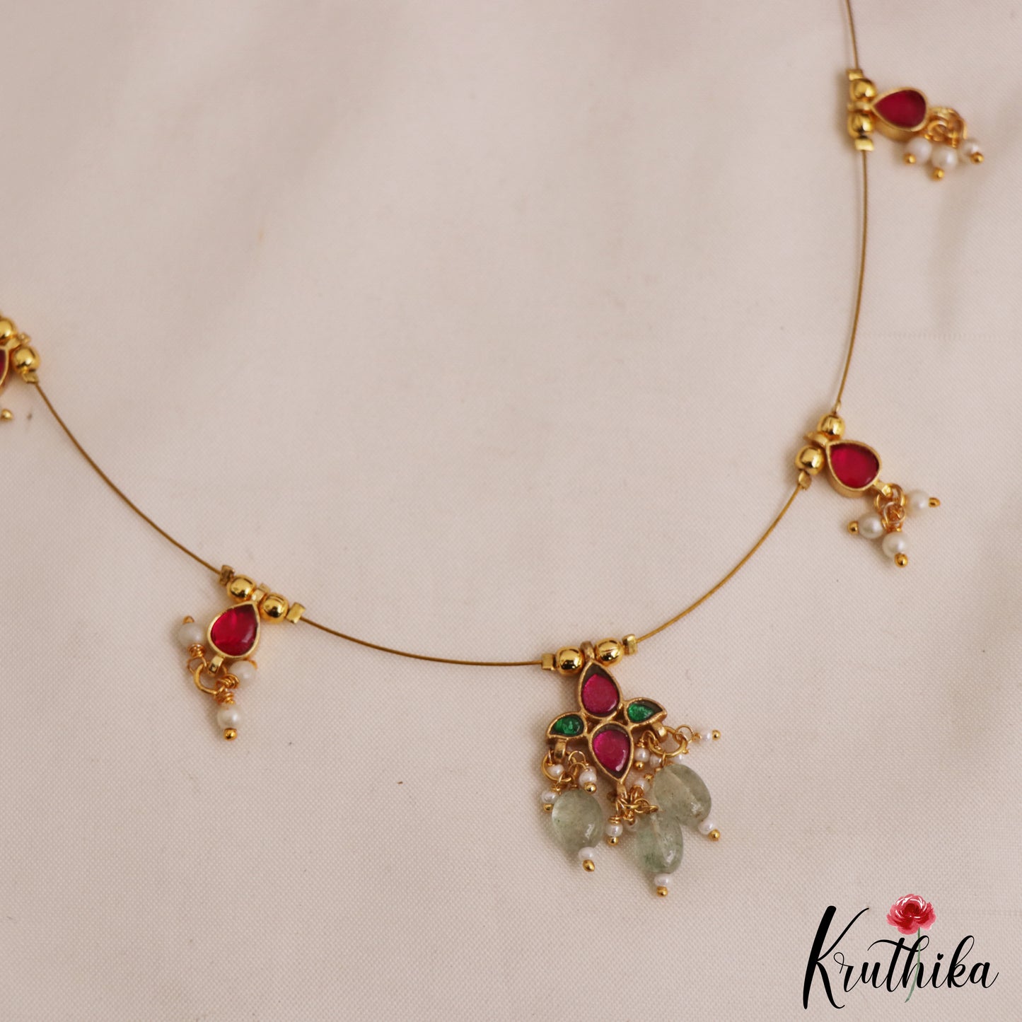 Trendy Teardrop Motifs Jadau Invisible Chain With Green Bead Drops NC2990