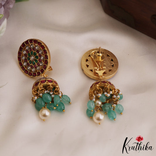 Stunning Kemp Floral Jhumka Earrings With Green Bead Drops E874