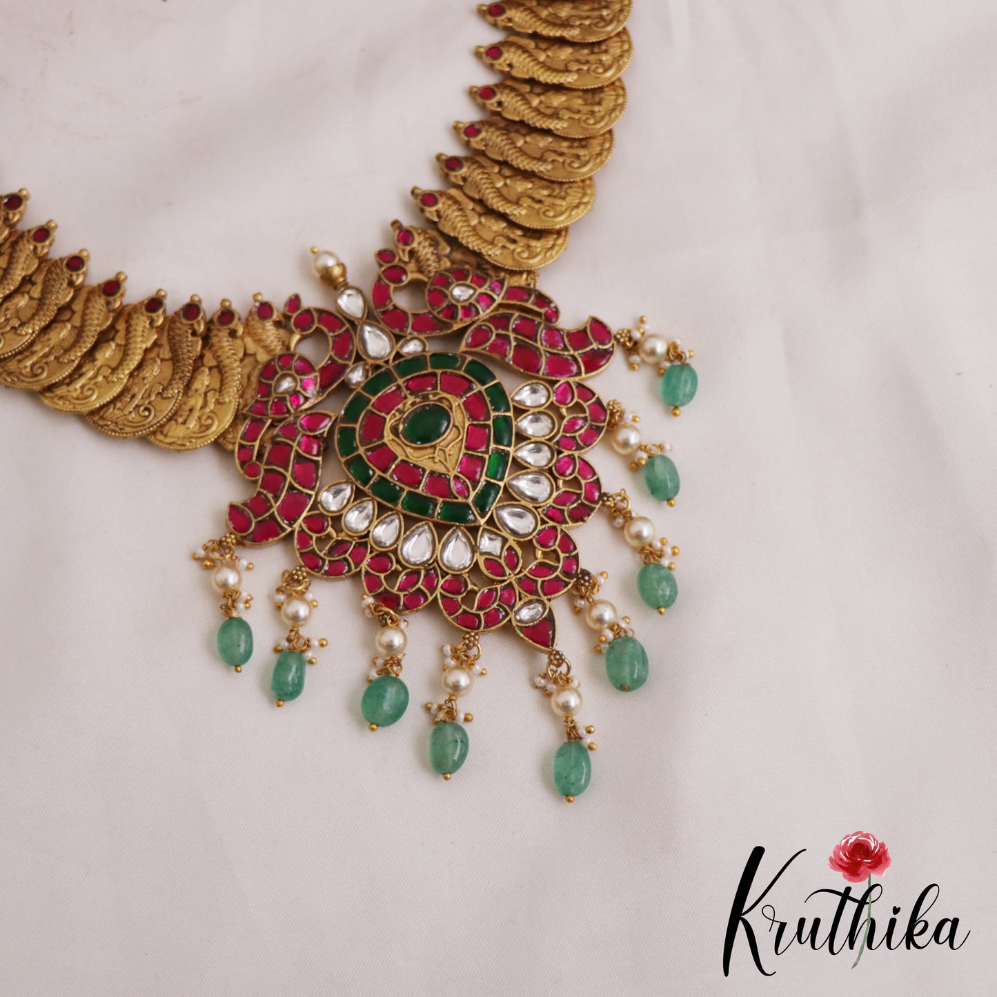Traditional Peacock Motifs Antique Lakshmi Kasu Jadau Necklace With Green Bead Drops NC2884