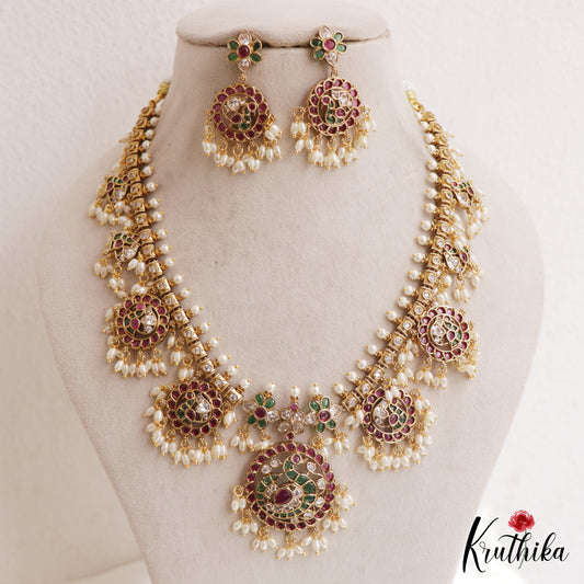 Stunning Peacock Floral Motifs Jadau Necklace With Rice Pearl Drops NC3134