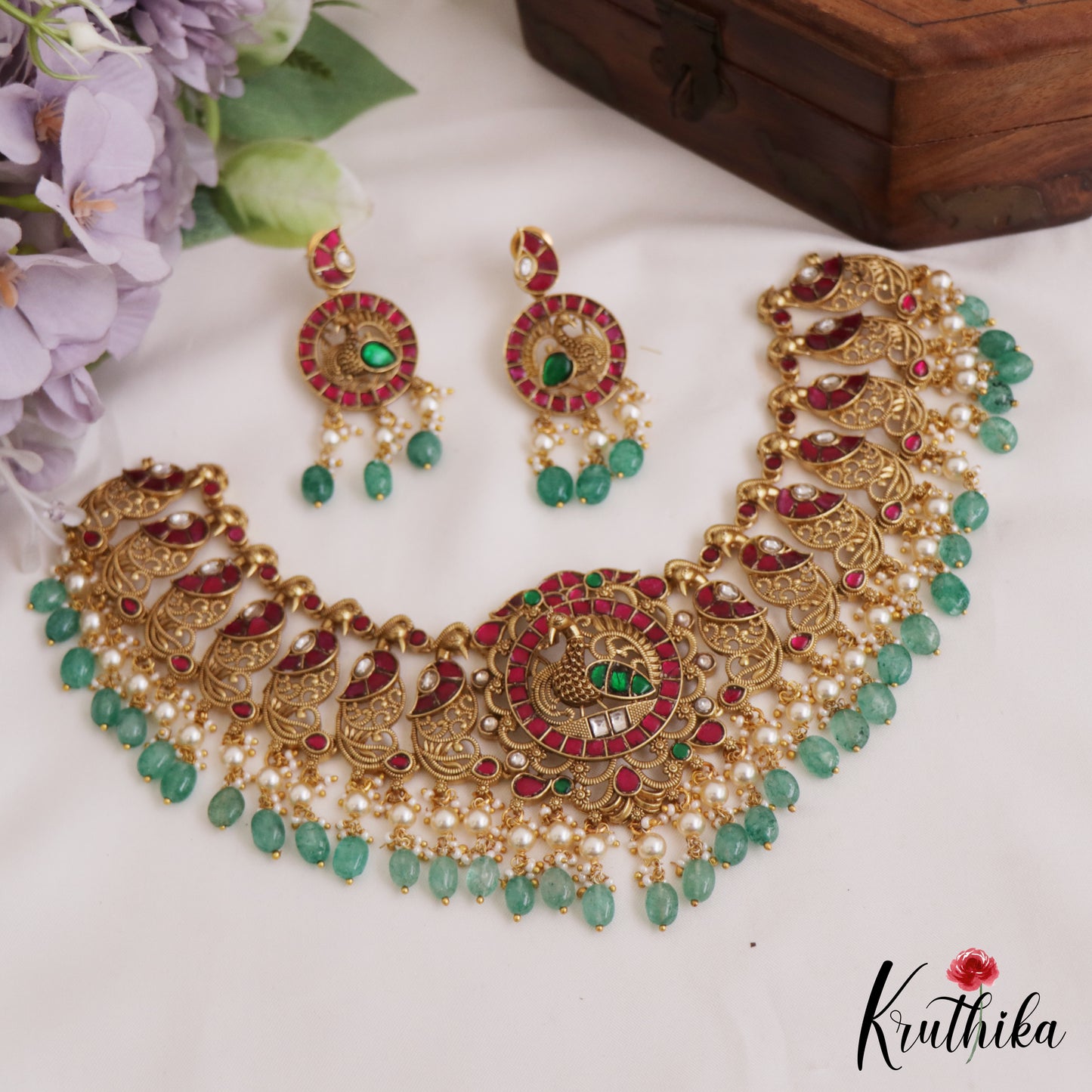 Premium Antique Peacock Motifs Jadau Choker With Green Bead Drops NC2768