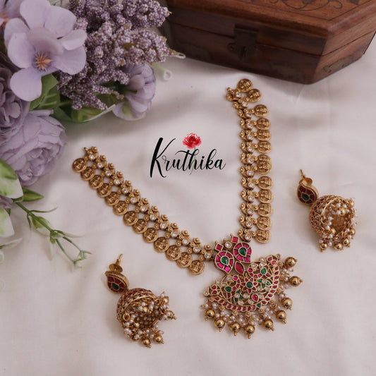 Elegant Jadau Peacock Kasu Necklace with Beads Drops NC2358 (Available in 2 Colours)