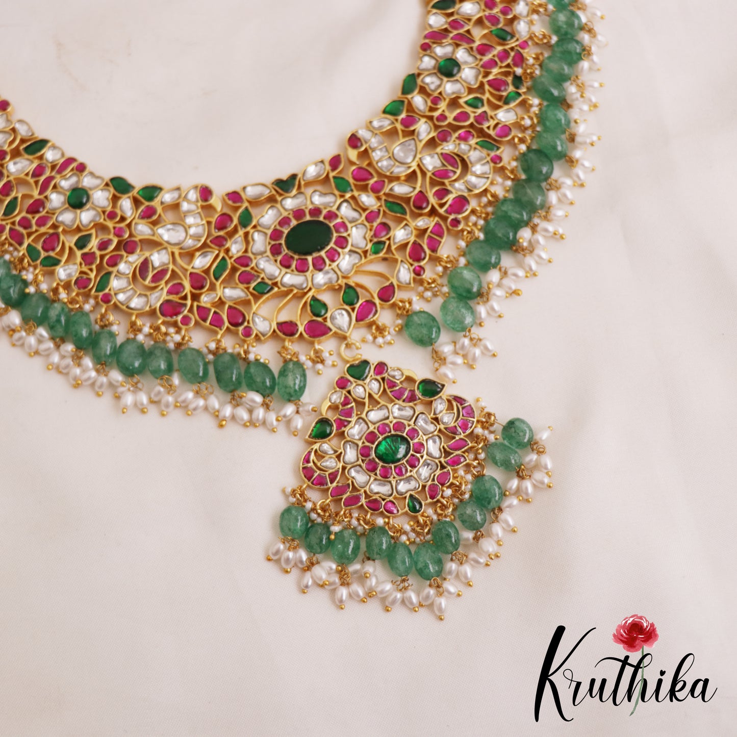 Gorgeous Floral Peacock Motifs Guttapoosalu Jadau Necklace With Green Bead Drops NC2885