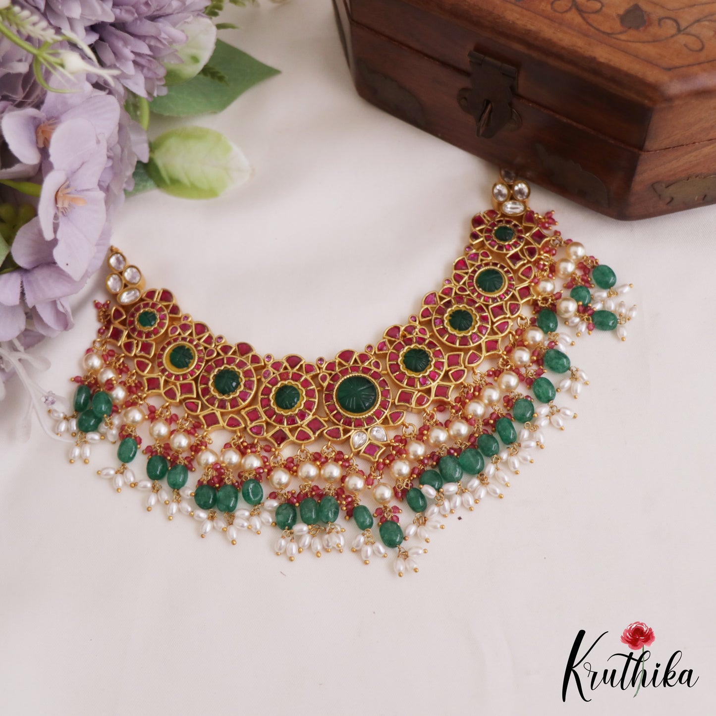Gorgeous Floral Peacock Jadau Choker With Green Bead Drops NC2758