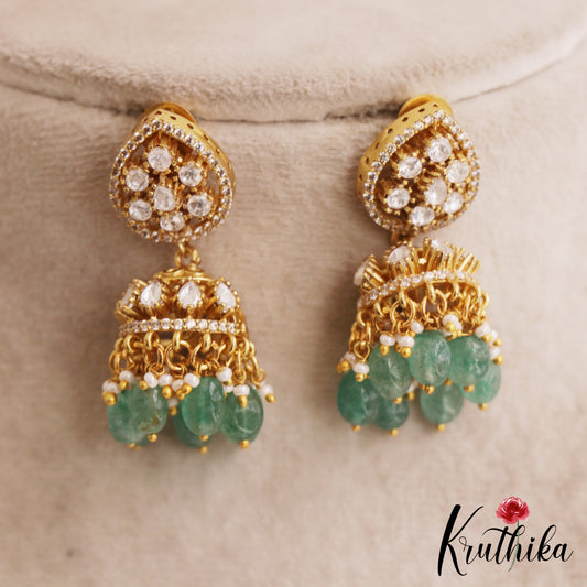Stunning Teardrop Motifs AD Jhumka With Green Bead Drops E1035