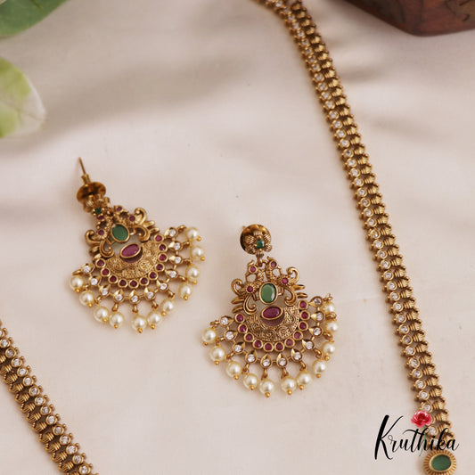 Beautiful Antique Peacock Mango Motifs Kemp Haaram With Pearl Drops LH2053