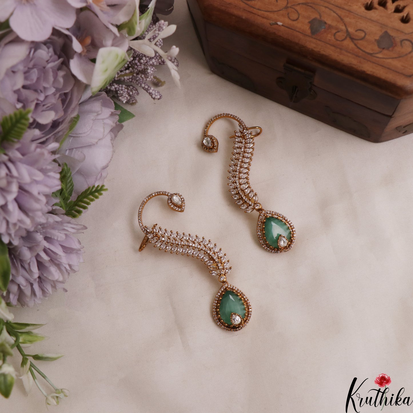 Gorgeous Leaf Teardrop Motifs CZ Victorian Ear Cuff E1138 (Available In 8 Colors)