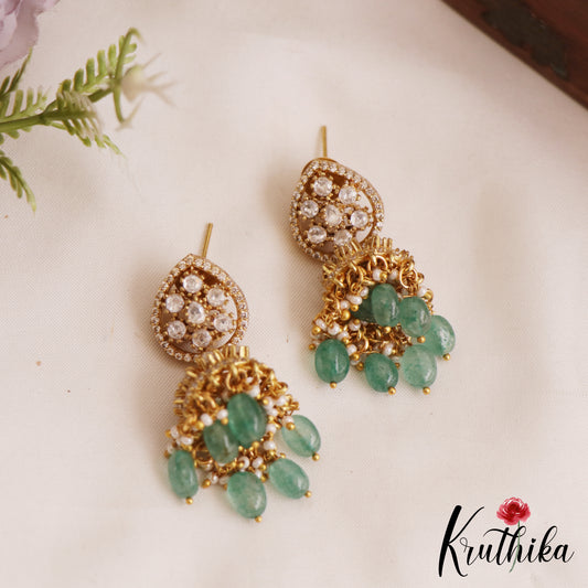 Stunning Teardrop Motifs AD Jhumka With Green Bead Drops E1035