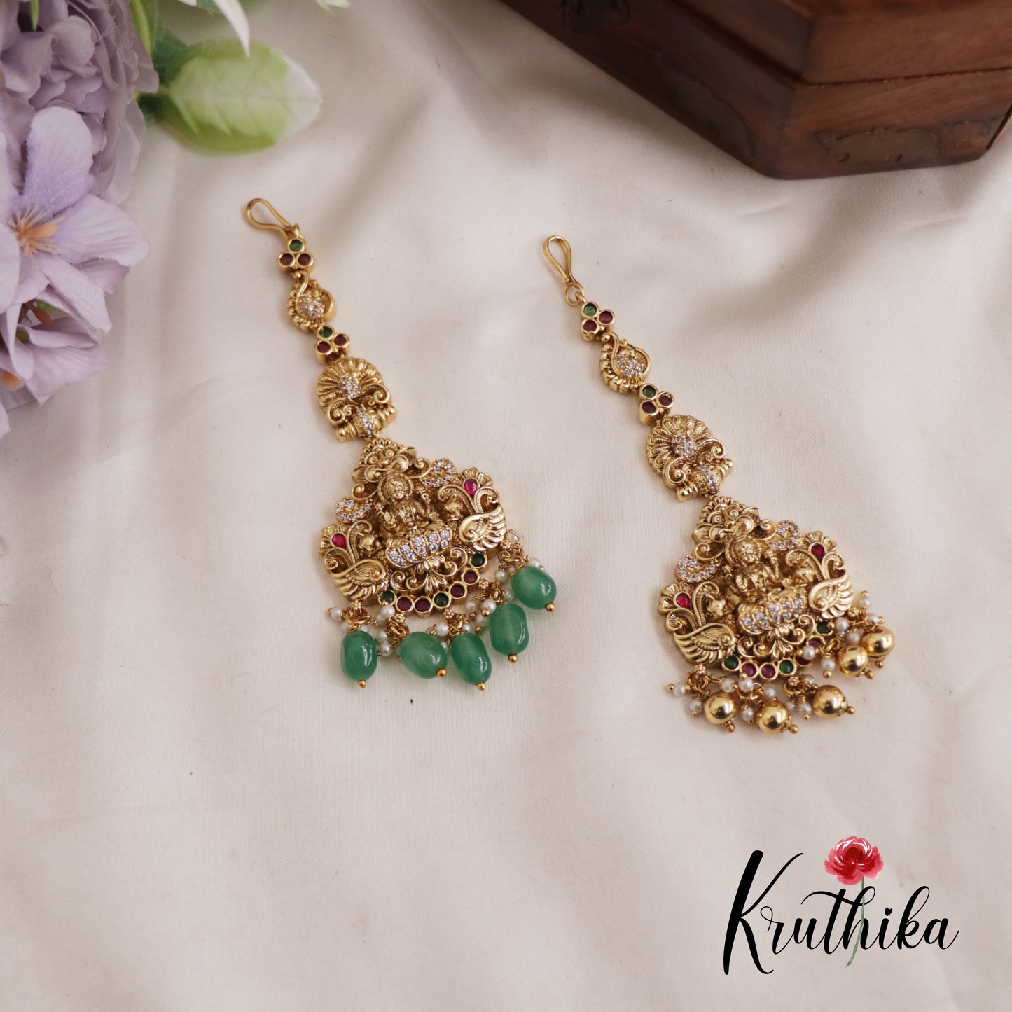 Beautiful Antique Lakshmi Peacock Motifs Maang Tikka With Pearl And Bead Drops MT328 (Available In 2 Colors)