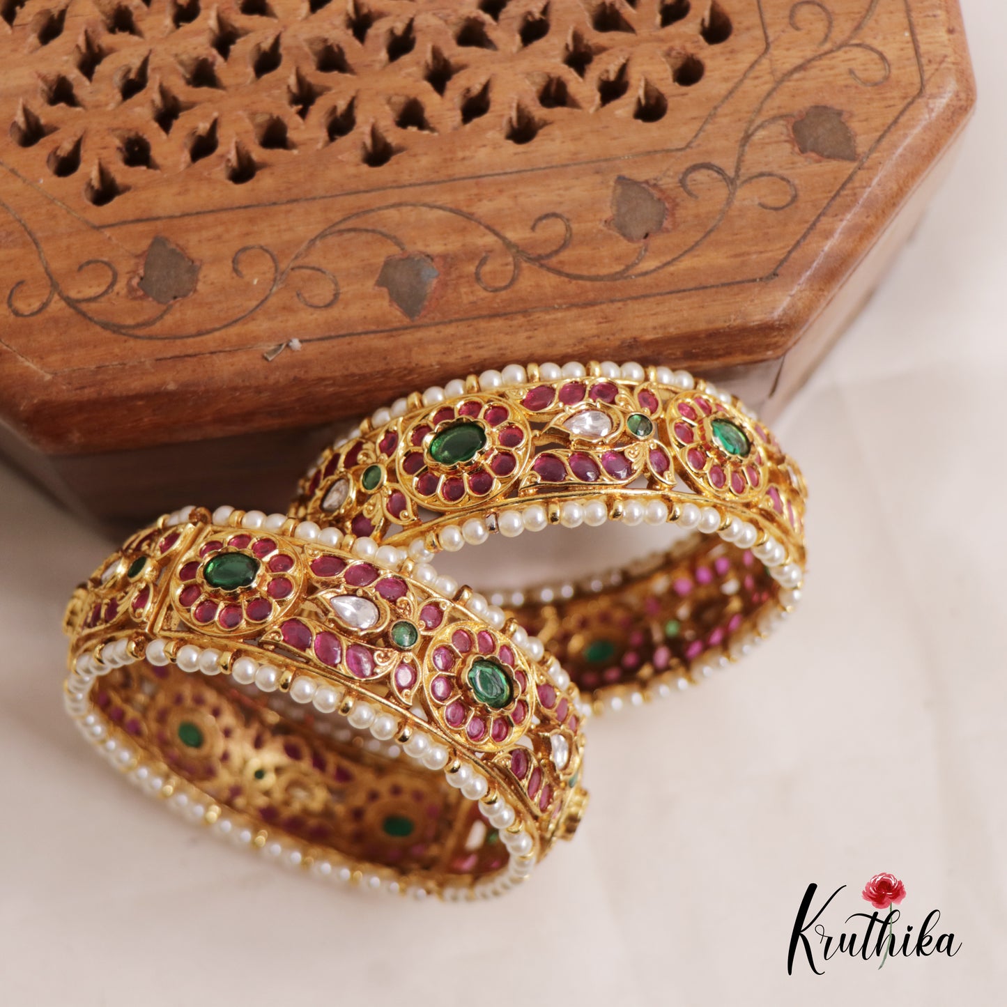 Beautiful Floral Kemp Openable Kada Bangles B360 (Set Of 2)
