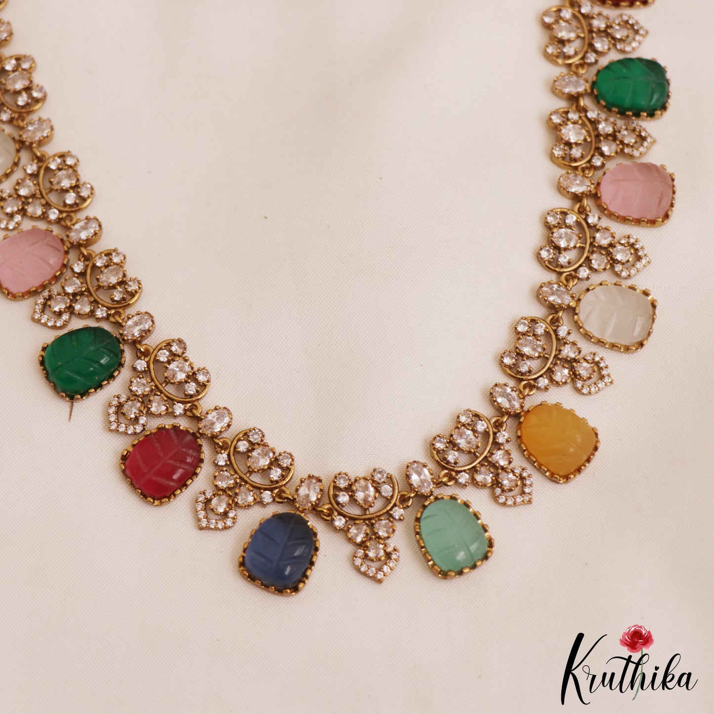 Stunning Multi Color Leaf Motifs AD Victorian Necklace LH2091