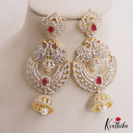 Stunning Peacock Motifs AD Victorian Chandbali Jhumka Earrings With Pearl Drop E1132 (Available In 3 Colors)