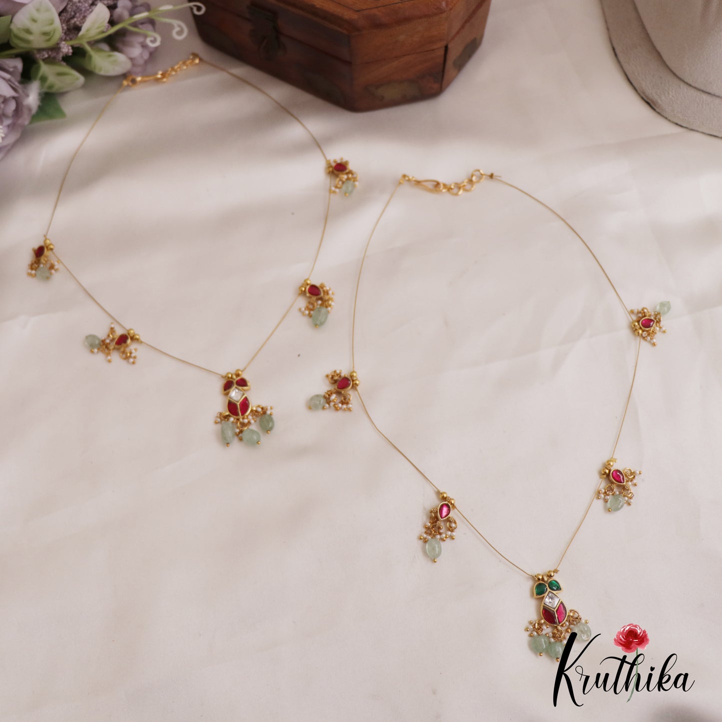 Trendy Teardrop Motifs Jadau Invisible Chain With Bead Drops NC2723 (Available In 2 Colors)