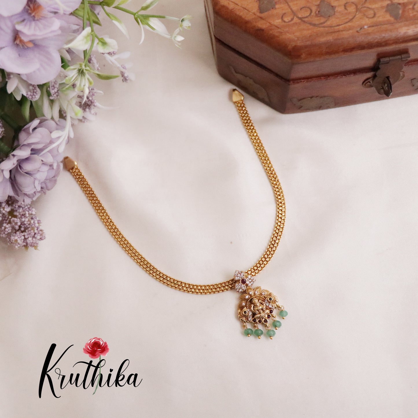 Simple Lakshmi Pendant with Pastel Green Beads Necklace Set NC2069
