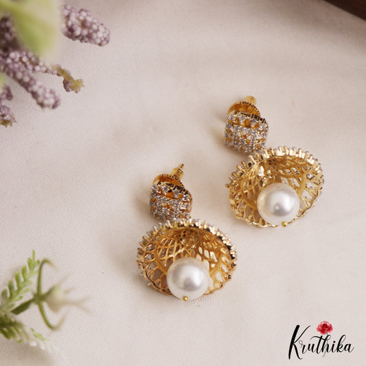 Elegant Geometric Motifs Gold-Tone CZ Jhumkas With Pearl Drop E1134