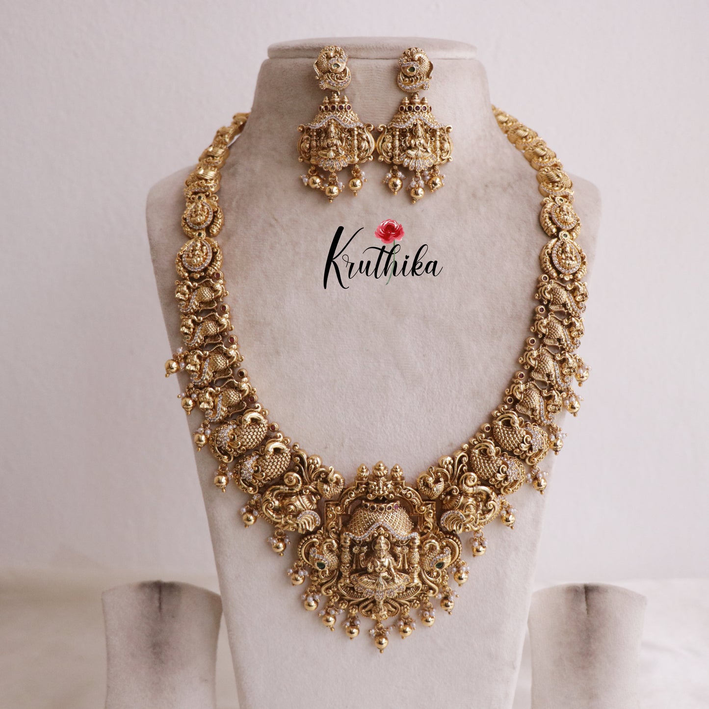 Premium Temple Lakshmi Peacock Haaram with Golden beads LH1830