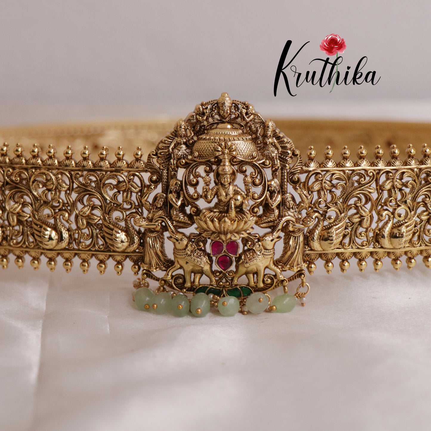 Temple Lakshmi Peacock Pastel Green beads Hip Belt V244