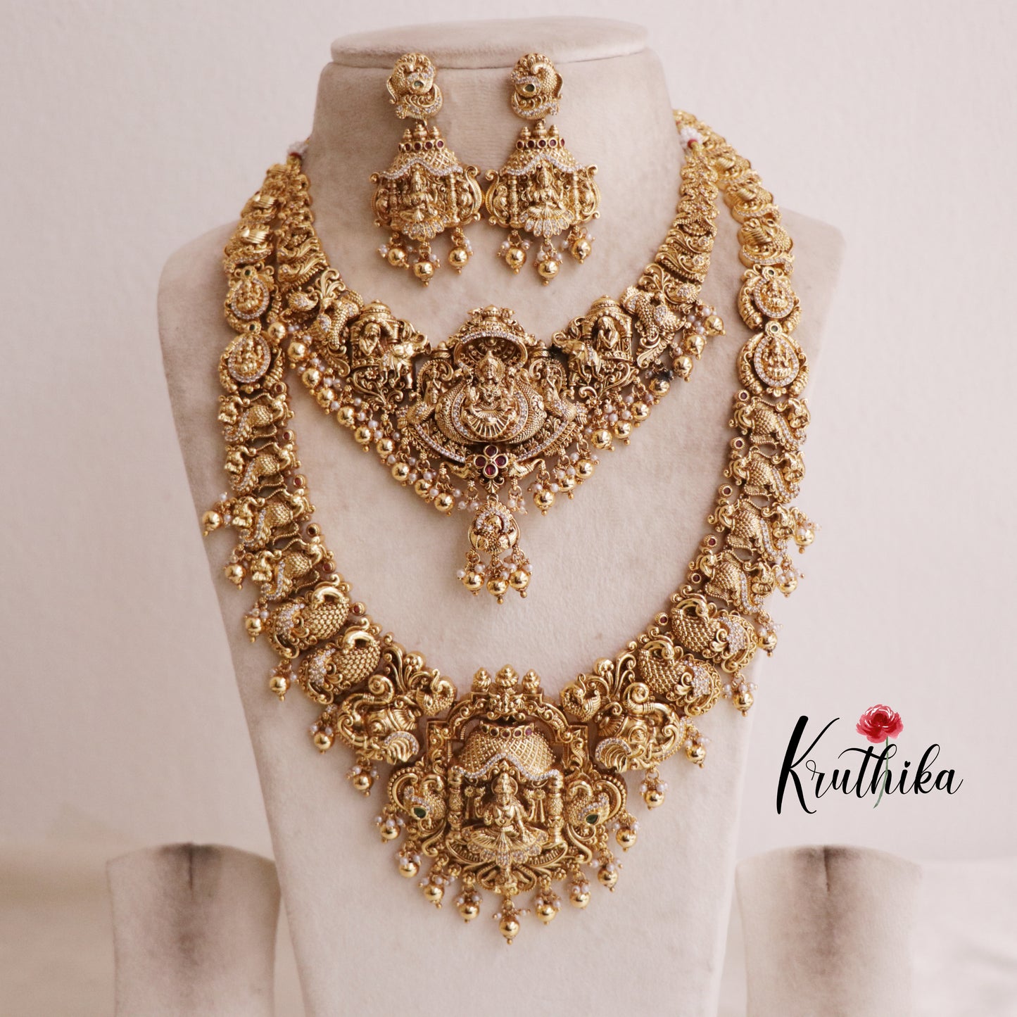 Premium Temple Lakshmi Peacock Haaram with Golden beads LH1830