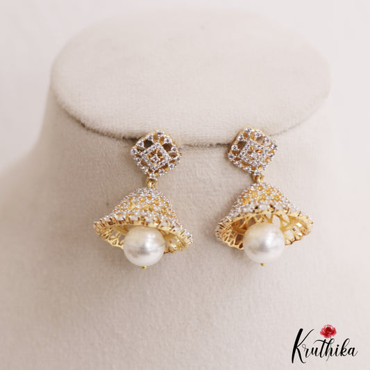 Elegant Geometric Motifs Gold-Tone CZ Jhumkas With Pearl Drop E1134