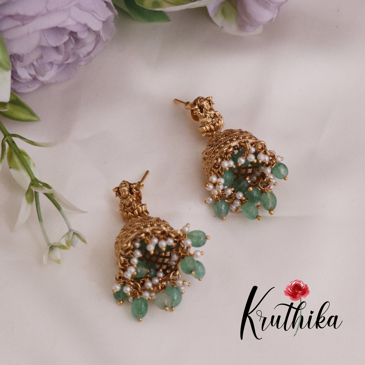 Beautiful Temple Lakshmi Jadau Kasu Necklace with Pastel Green Beads Drops NC2357 (Available in 2 Colours)