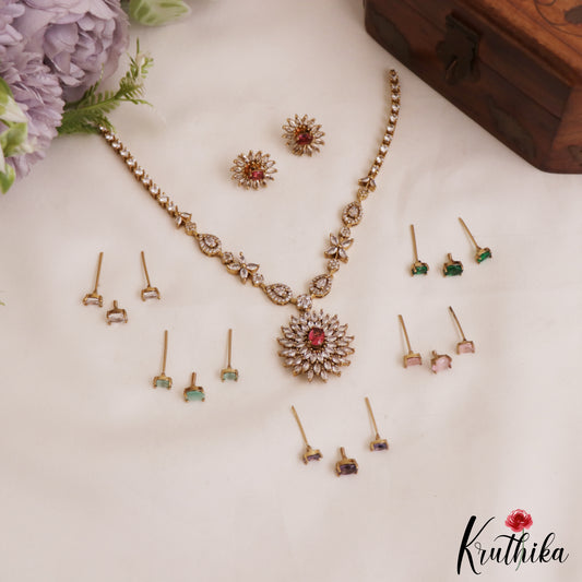 Trendy CZ Sparkling Floral Victorian Necklace With Interchangeable Stones NC2954