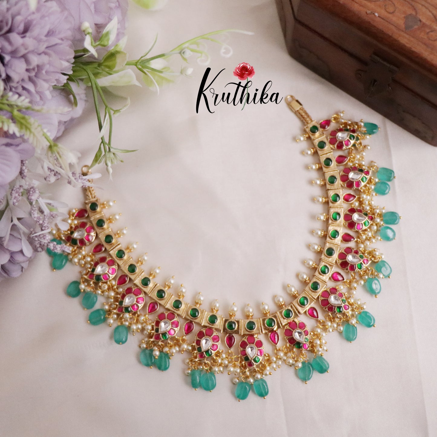 Royal Multi Stone Jadau Necklace with Pastel Green Beads Drops NC2042