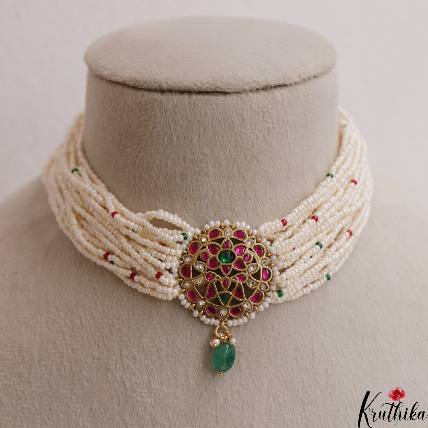 Trendy Floral Motifs Multi Pearl Strand Jadau Choker With Green Bead Drop NC3027