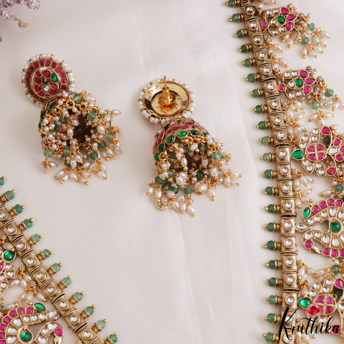 Premium Floral Peacock Motifs Jadau Haaram With Pearl Bead Drops LH2175
