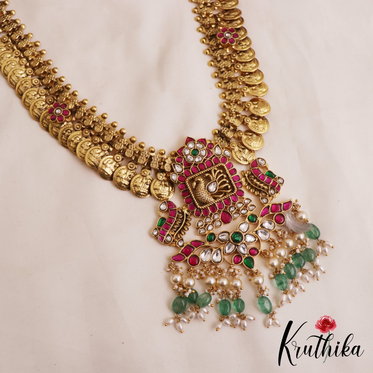 Pre Order - Stunning Antique Lakshmi Peacock Motifs Kasu Jadau Haaram With Green Bead Drops LH2072 (Pre-Order: Shipping from 15th June)
