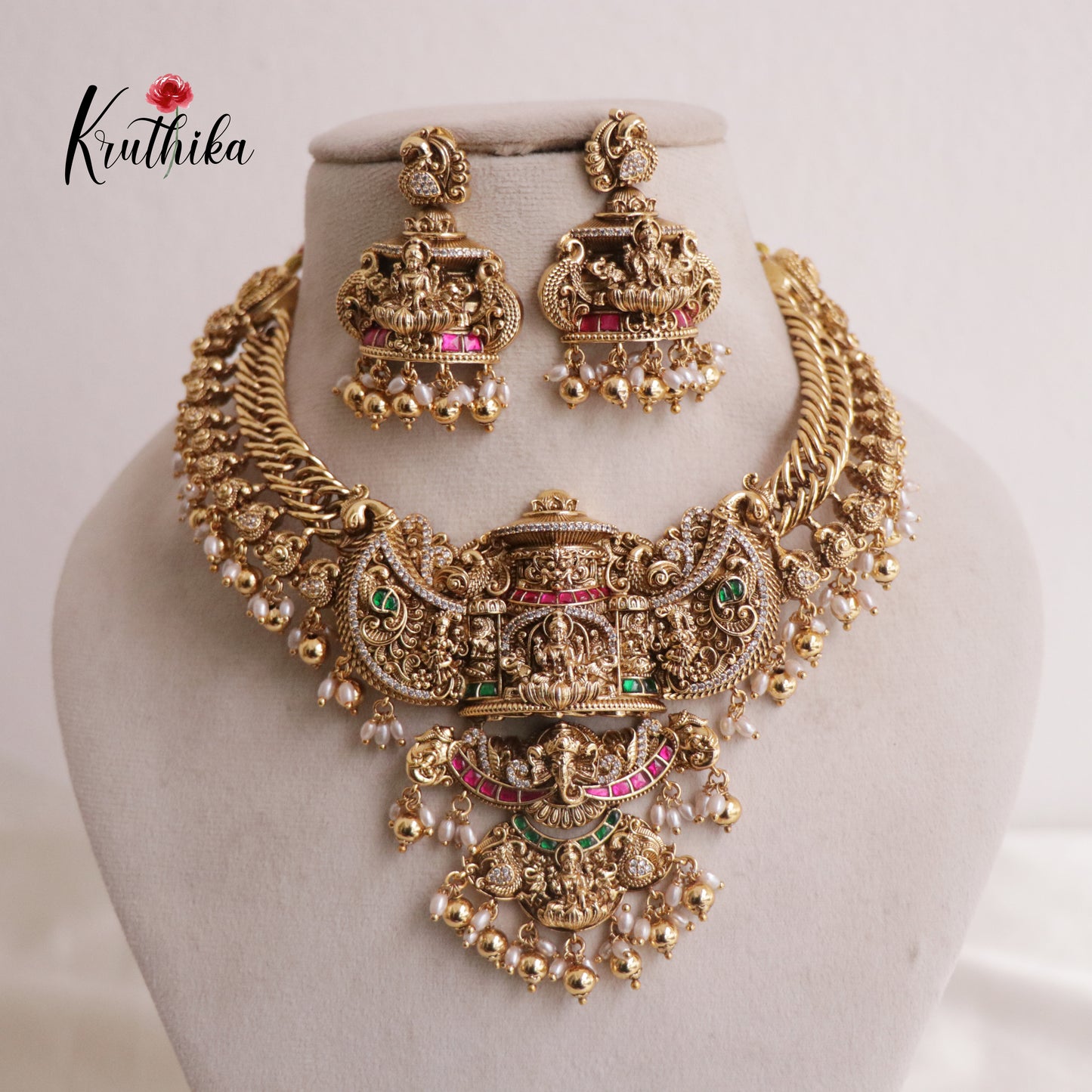 Royal Grand Nagas Jadau Temple necklace in Jalebi pattern with Green Beads NC1874 (Available In 3 Colours)