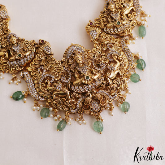 Premium Antique Nagas Lakshmi Peacock Motifs Temple Haaram With Green Bead Drops LH2213