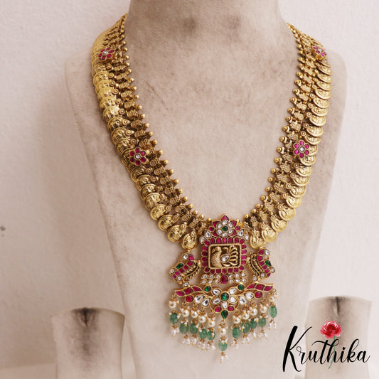 Pre Order - Stunning Antique Lakshmi Peacock Motifs Kasu Jadau Haaram With Green Bead Drops LH2072 (Pre-Order: Shipping from 15th June)