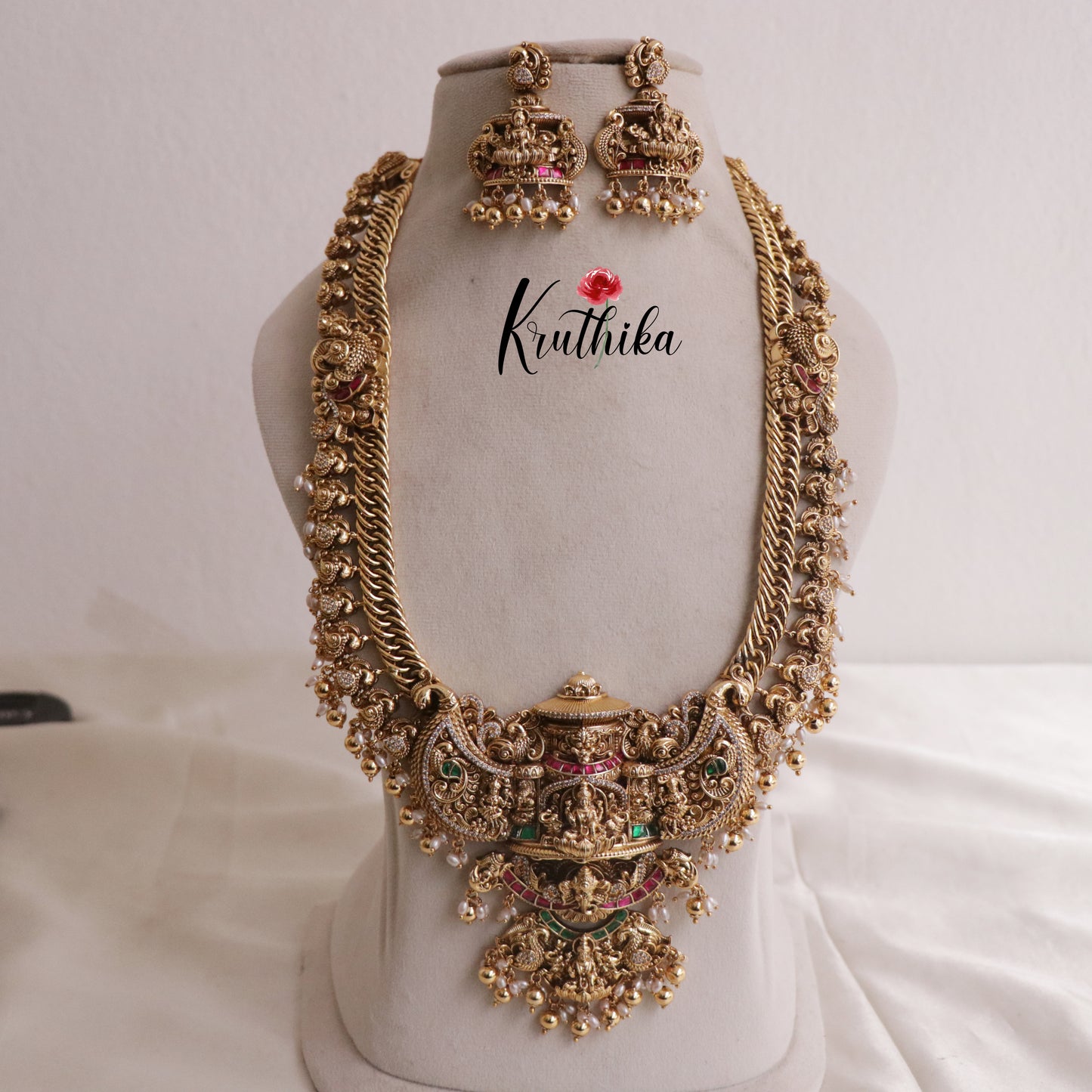 Royal Grand Nagas Jadau Temple Haaram in jalebi pattern with golden Beads LH1850