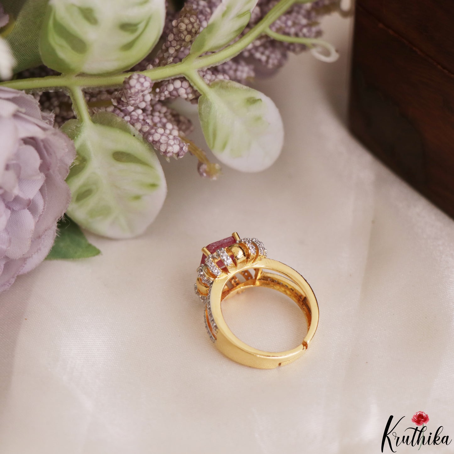 Trendy Floral Adjustable Gold-Tone CZ Finger Ring R62 (Available in 2 Colours)