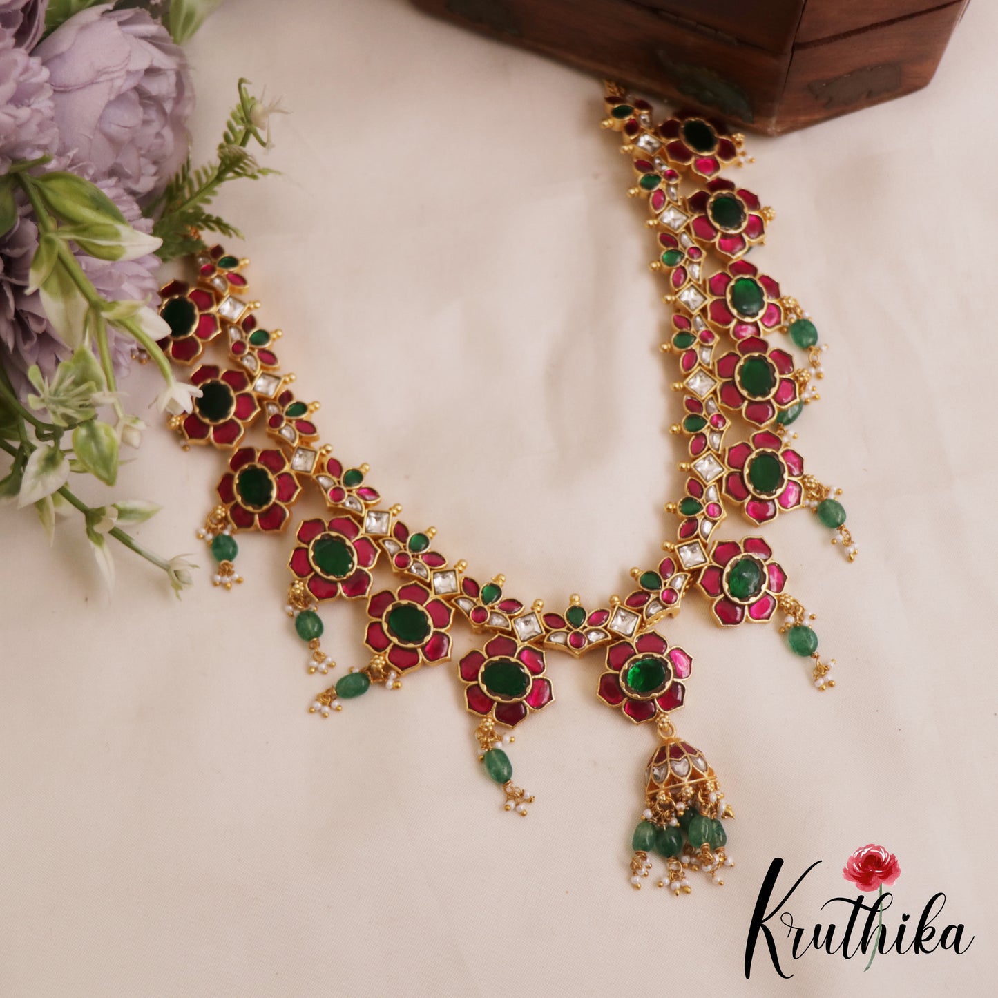 Stunning Floral Motifs Jadau Necklace With Green Bead Drops NC2834